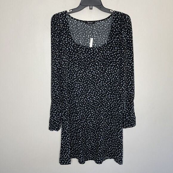 MADEWELL Dress Womens 2 Long Sleeve Mini NEW Ditsy Floral Black Blue NM453 - Picture 4 of 15
